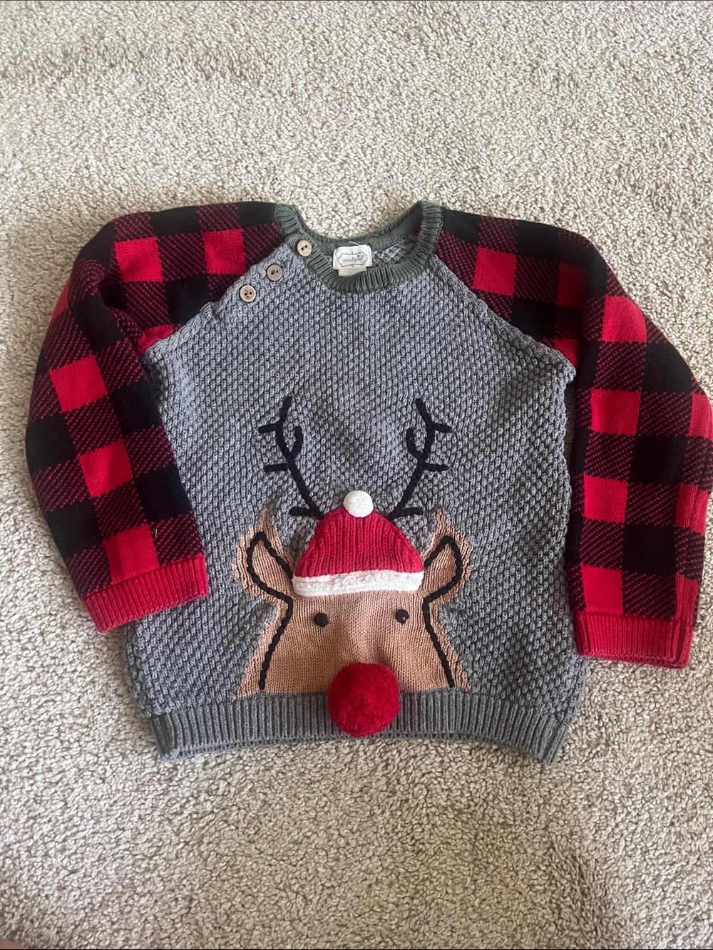 Mud Pie Gray Sweater with Red & Black Buffalo Plaid Sleeves and Reindeer